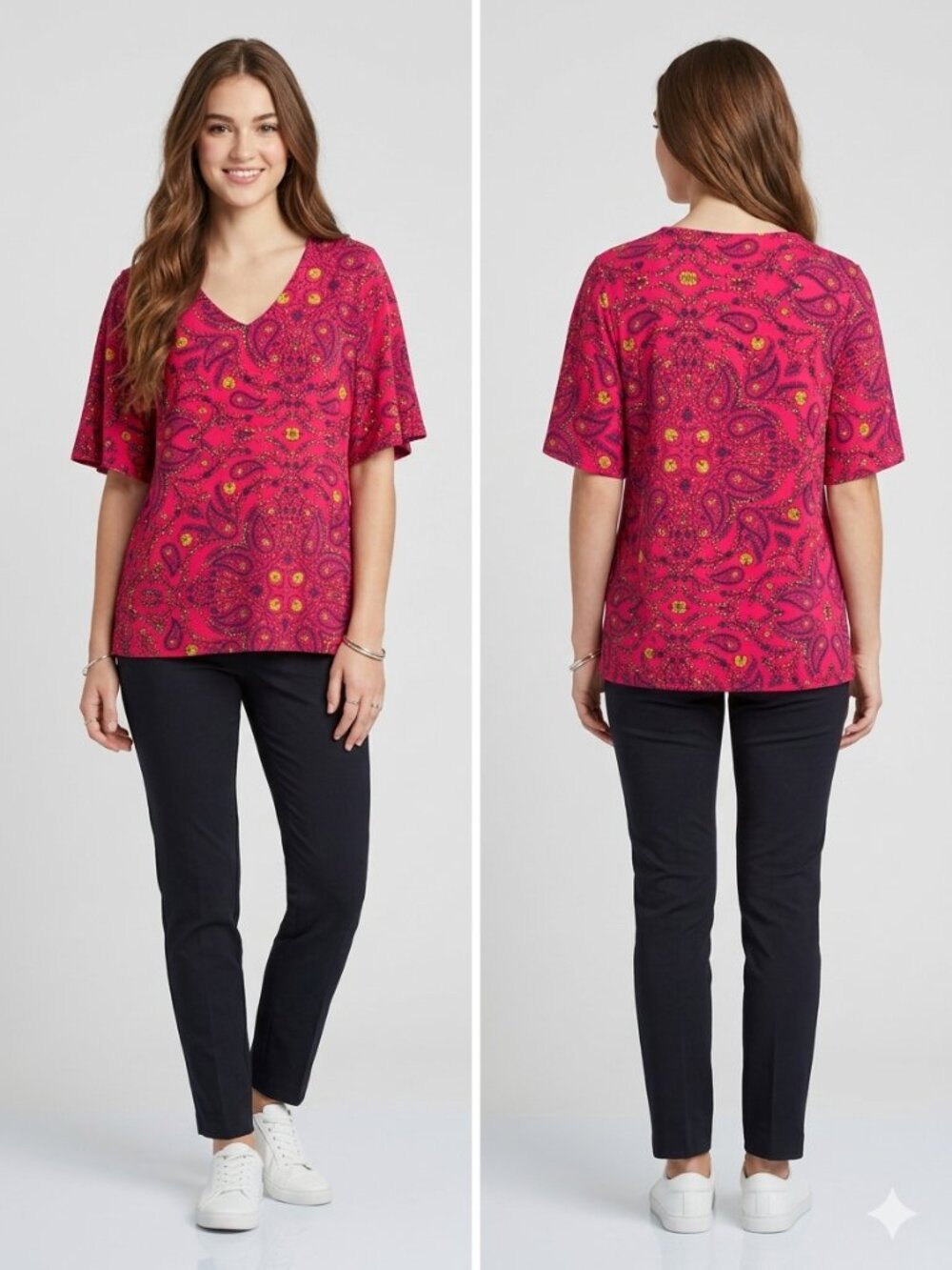 Liz Claiborne Career Top Size XL  Paisley Flutter Sleeve V-Neck Blouse Stretch